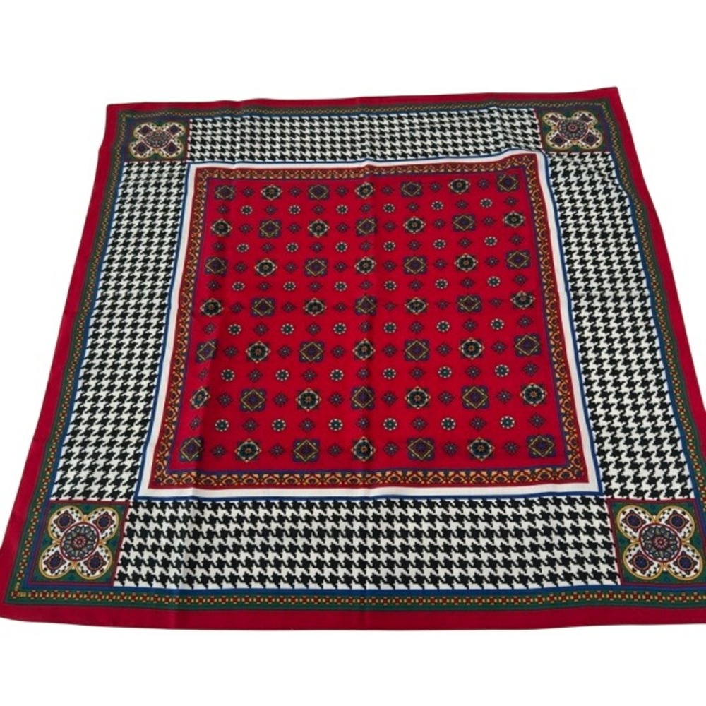 Vintage Scarf Red Houndstooth Medallion Geometric Polyester Satin Square 30x30